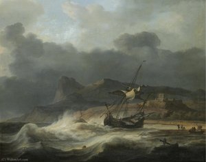 A Mountainous Coastal Landscape With A Ship Beached In A Storm, Figures Gathering Cargo To The Right — Aernout Smit, Dutch Maritime Painting