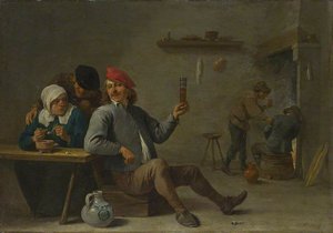 A Man Holding A Glass And An Old Woman Lighting A Pipe — David Teniers The Younger