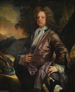 Portrait of William Paul (1673 1711) of Bray, Berkshire, with his dog and a gun
