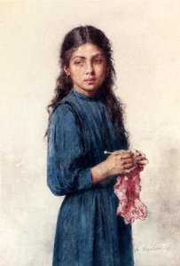 A Young Girl Knitting — Alexei Alexeievich Harlamov