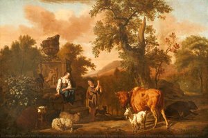 A Landscape With An Antique Tomb With A Ruined Urn, A Herdsboy And Shepherd Girl, Cattle, Sheep, And A Goat — Dirck Van Den Bergen, Dutch Golden Age