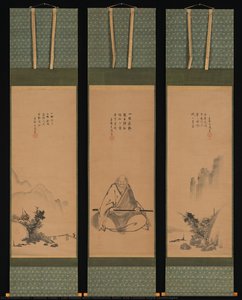 Zen Master With Meditation Staff, And Chinese-style Landscapes — Unkoku Tōeki