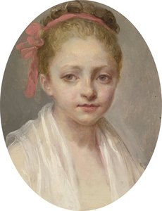 Portrait of a girl wearing a white chemise, a red ribbon in her hair