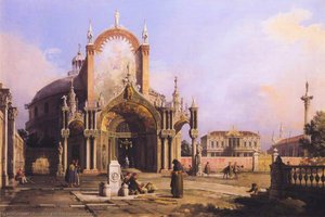 Capriccio Of A Round Church With An Elaborate Gothic Portico In A Piazza, A Palladian Piazza And A Gothic Church Beyond — Canaletto