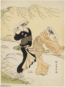 Two Girls Walking On A Windy Day — Suzuki Harunobu