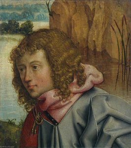 Head Of A Saint Against A Landscape (fragment) — Maitre De Saint Barthelemy, Early Netherlandish Painting