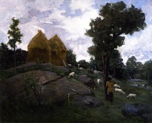 Haystacks, Shepherd And Sheep — Julian Alden Weir