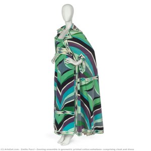 Evening Ensemble In Geometric Printed Cotton Velveteen, Comprising Cloak And Dress — Emilio Pucci, Mid-century Modern
