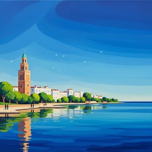 Azure Serenity: A Monolithic Tower Amidst The Silent Blue Horizon — Marion Delorme, Hockney Figurative Pop