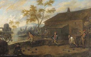 Skittle players by a house