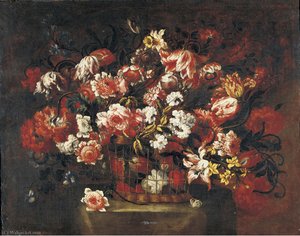 Still life of flowers in a basket