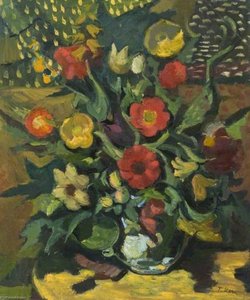 Still Life, Yellow and Red Flowers Arranged in a Vase