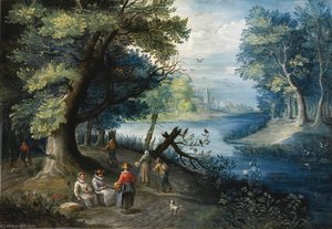 A river landscape with figures