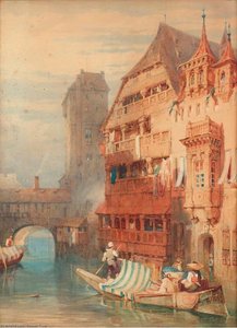 Figures Unloading A Barge On The River Pegnitz, Nuremberg — Samuel Prout