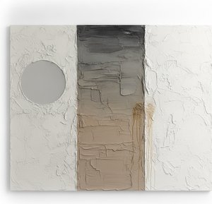 Charcoal Monolith Amidst Textured White Planes And Ochre Traces — David Moreau, Plaster & Texture Art