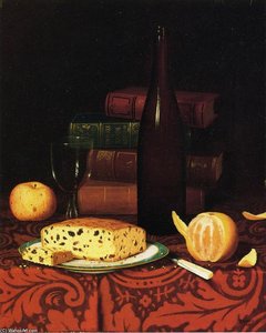 Still Life With Raisin Cake, Fruit And Wine — William Michael Harnett
