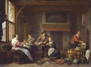Kitchen Interior with a Man Bringing Fish for Sale