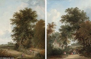 Figures Beside A Pool Before A Gate, A Cottage Beyond; And Another Similar — Edward Charles Williams