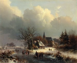 Figures On A Frozen River In Winter — Johann Bernard Klombeck