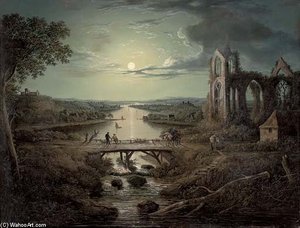 A Moonlit View Of The River Tweed With Melrose Abbey In The Foreground And Figures On A Bridge — Abraham Pether