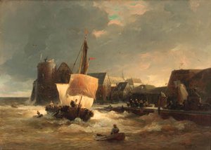 Schiff In Stürmischer See Vor Einem Hafen — Andreas Achenbach