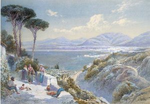 Italian Peasants Resting On A Stone Terrace Path Overlooking A Bay — Charles Rowbotham