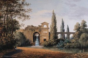 A View of an Aqueduct with an artificial Waterfall, a seated draughtsman in the foreground
