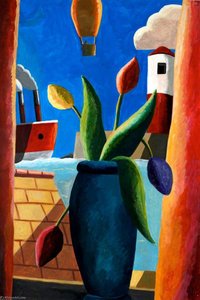 Tulips in a Vase with a Boat and a Lighthouse
