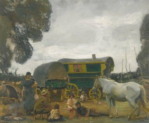 The Green Caravan Hampshire, Hop Picking Gipsies — Sir Alfred James Munnings, Impressionism