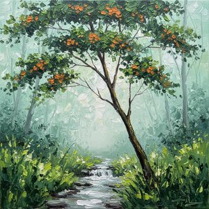Ethereal Morning Mist Over Verdant Streams And Radiant Autumn Embers — Christian Noiret, Contemporary Abstract