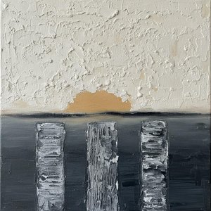 Monolithic Silence Under A Fading Ochre Sun In Textured Charcoal Void — David Moreau, Plaster & Texture Art