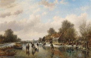 A Winter Landscape With Skaters On A Frozen Waterway