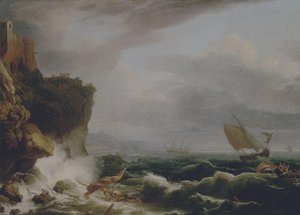 A-stormy-landscape-with-a-shipwreck-off-a-rocky-coast — Adrien Manglard