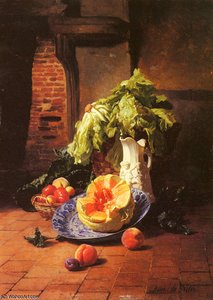 a still life with a white porcelain pitcher fruit and vegetables