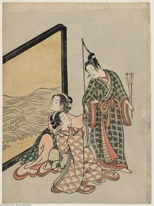 Young Man And Two Women With A Bow — Suzuki Harunobu