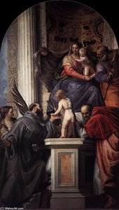 Thronende Madonna Mit Kind, Dem Infantilen Johannes Dem Täufer Und Heiligen — Paolo Veronese, Barock