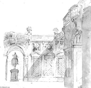 A Courtyard With An Equestrian Statue — Marco Ricci
