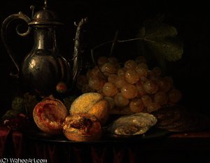 A Silver Ewer, A Bunch Of Grapes With Peaches And Oysters On A Pewter Plate, On A Partially Draped Table — Abraham Hendricksz. Van Beyeren