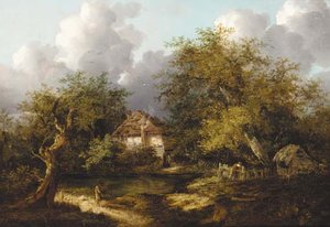 Figures On The Bank Of A River With A Cottage Beyond — Edward Charles Williams