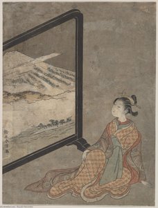 Young Woman With A Pipe In Her Hand Gazing At Landscape Painted On A Screen — Suzuki Harunobu