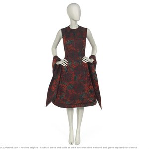 Cocktail dress and stole of black silk brocaded with red and green stylized floral motif