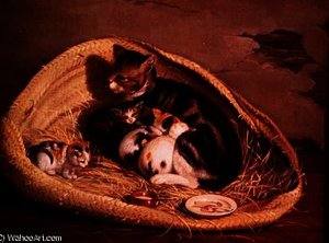 Cat with Her Kittens in a Basket