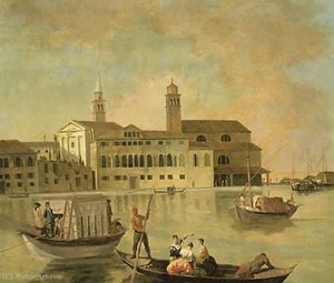 Venedig, Eine Ansicht Von San Biagio Und Der Kirche San Biagio E Cataldo Auf Der Giudecca Mit Eleganten Figuren In Einem Burchiello — Johan Richter