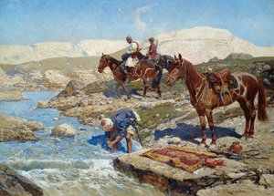 Circassian Horsemen At A River — Franz Roubaud