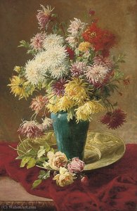 Chrysanthemums And Roses In A Vase On A Salver — Henri Biva