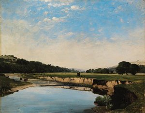 An Extensive Wooded River Landscape, With A Man On Horseback And Cattle — Frederick Richard Lee