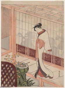 Woman Standing On A Veranda Outside A Room With A Party — Suzuki Harunobu