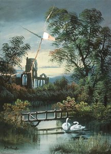 River Landscape And A Ruined Abbey — Alfred Worthington