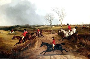 The Lane Members of a Hunt Jumping the Fences by a Lane