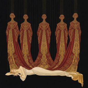 Ivory Figure Amidst Crimson And Gold Filigree Sentinels — Valentin Laurent De Courcey, Art Deco
